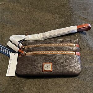 Dooney & Bourke Dark Brown Pebble Leather Triple-Zip Wristlet
